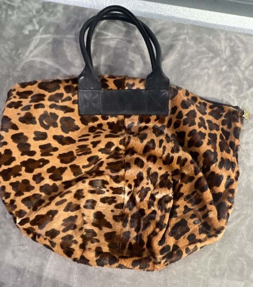 As Is Furla Leopard Print Calf Hair and Black Leather Tote Bag